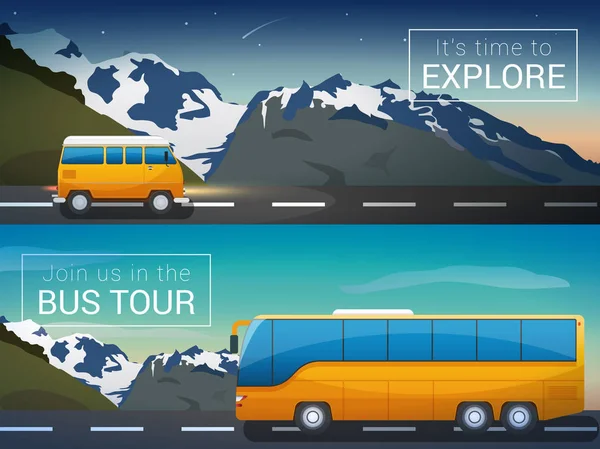 Vector travel banners set. Bus tour to Alps mountains, minibus in the wild, the company travelers — Stock Vector