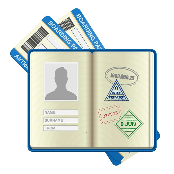 オープンの外国パスポート、航空券 — ストックベクタ