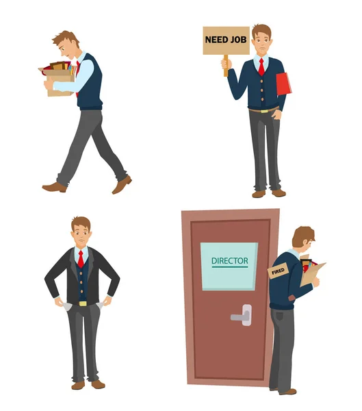 Getting fired flat vector illustration. man dismissed from work going with a box of personal belongings. — Stock Vector