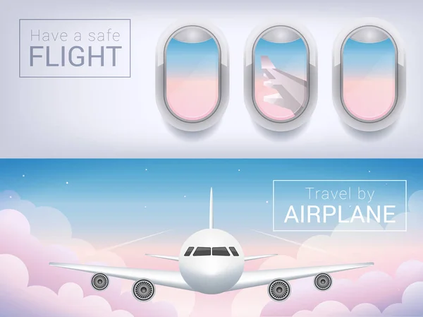 Flugzeugfenster, das Touristenbanner. Passagierflugzeug in den Wolken, sicherer Flug über den Himmel — Stockvektor