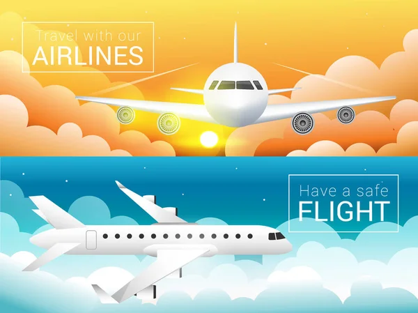 旅客機、夕焼け雲を空を横切って安全な飛行 — ストックベクタ