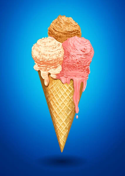 Bolas de helado de gofre cono aislado en azul foto-realista ilustración — Archivo Imágenes Vectoriales