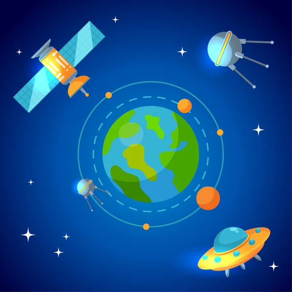 Planeet aarde en satellieten in een baan — Stockvector