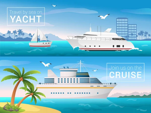 Vektor cestovní plakáty sada. Jachty v zátoce tropický ostrov, oceán moře výletní lodi na ostrovech — Stockový vektor