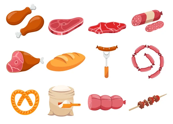 Harina de carne y pan iconos planos conjunto vector — Vector de stock