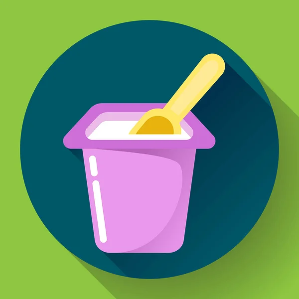 Taza de yogur con una cuchara icono plano Vector Ilustración — Vector de stock