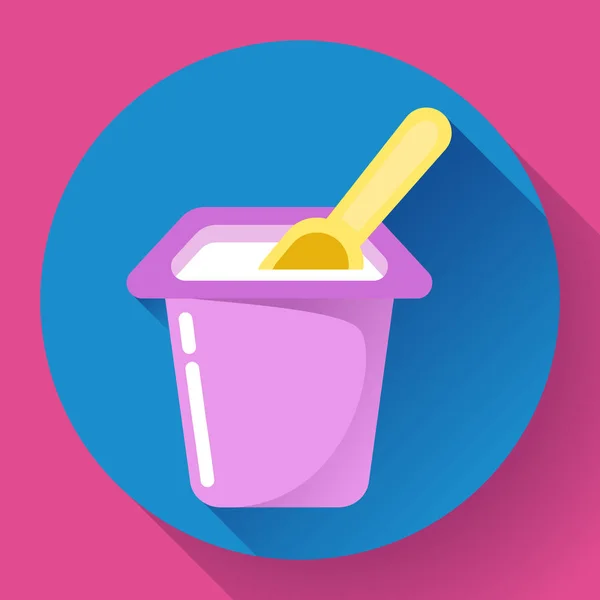 Taza de yogur con una cuchara icono plano Vector Ilustración — Archivo Imágenes Vectoriales