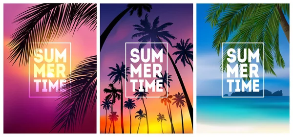 Yaz tropikal arka plan avuç içi, gökyüzü ve gün batımı ile ayarlayın. Yaz afiş poster el ilanı davetiye. Yaz Zamanı. — Stok Vektör