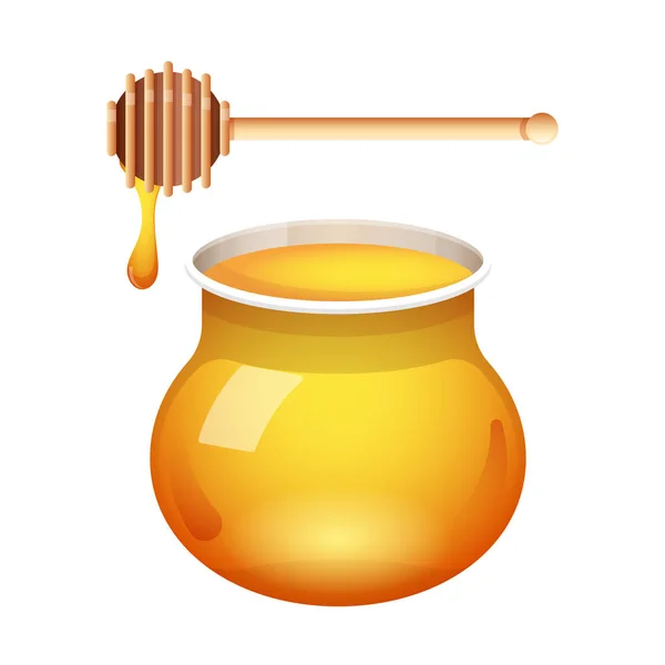 Honey sklo sklenice vektor s naběračka medu izolovaných na bílém pozadí. Čerstvý med s holí — Stockový vektor