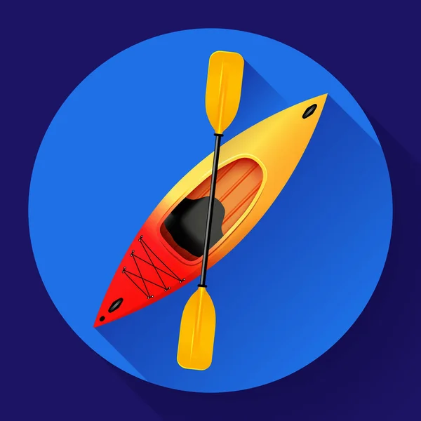 Kajak és lapát ikon vektor. Szabadtéri tevékenységekhez. Sárga piros kajak, tengeri kajak, lapos ikon — Stock Vector