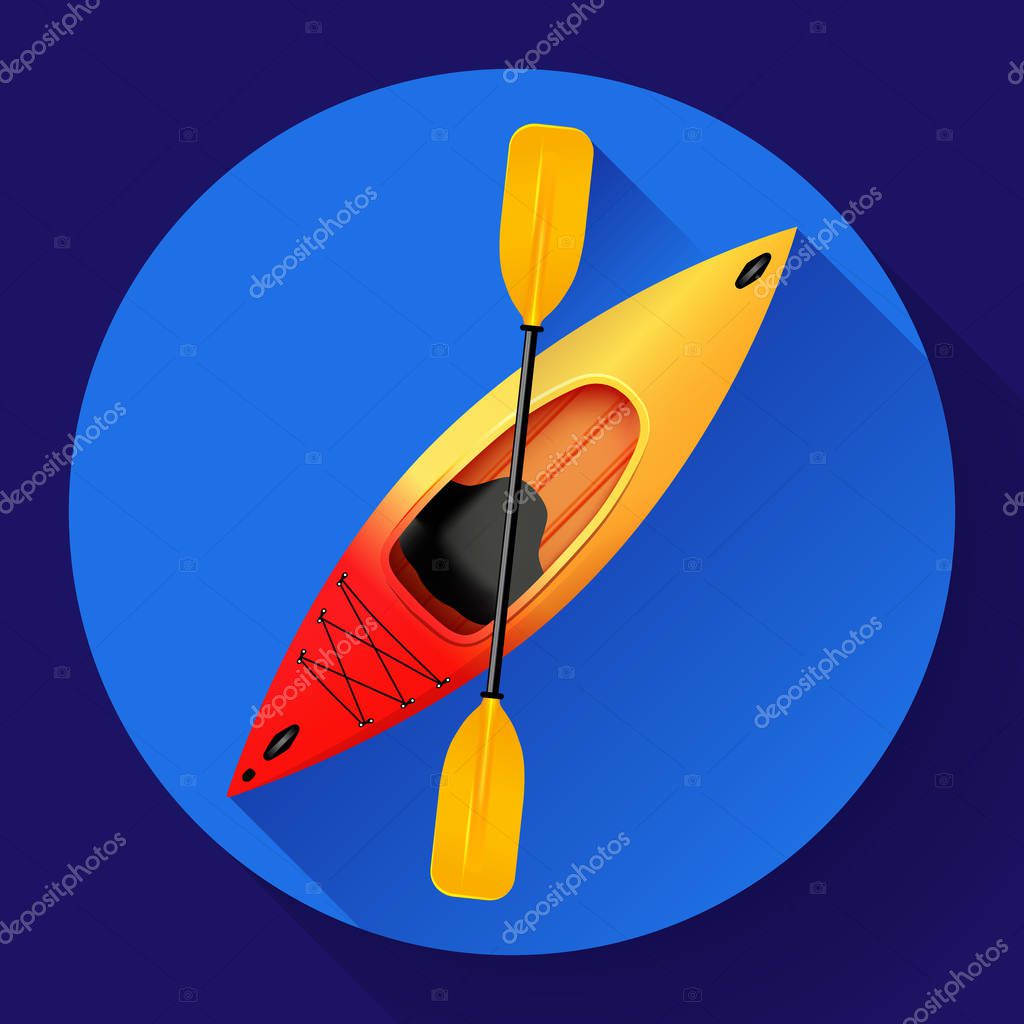 Kayak and paddle icon vector. Outdoor activities. Yellow red kayak, sea kayak flat icon.