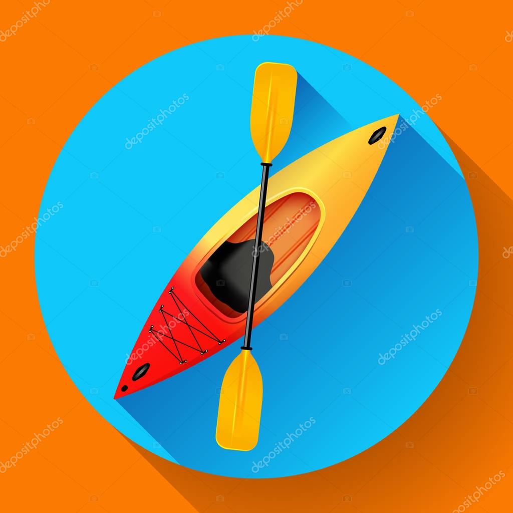 Kayak and paddle icon vector. Outdoor activities. Yellow red kayak, sea kayak flat icon.