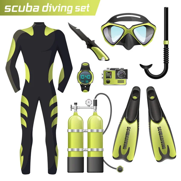 Realistic snorkeling and scuba diving equipment. Scuba-diving gear isolated. Diver wetsuit, scuba mask, snorkel, fins, regulator dive icons. — Stock Vector