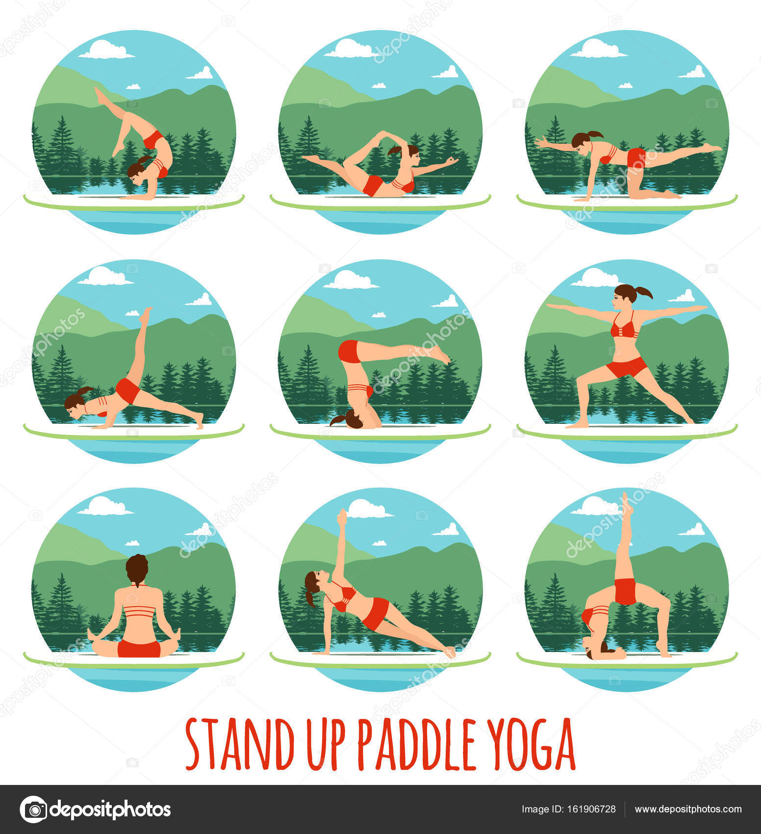 Illustration de Femme faisant Stand Up Paddle Yoga sur Paddle Board sur l'eau au lac paysage de