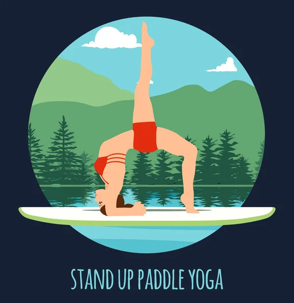 Wanita melakukan Stand Up Paddling Yoga di Paddle Board on Water di Lake Mountain landscape Stand Up Paddle Yoga Workout - Stok Vektor