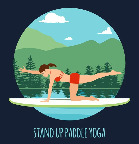 Frau macht Stand Up Paddling Yoga auf Paddelbrett auf dem Wasser am See Berglandschaft Stand Up Paddle Yoga Workout — Stockvektor