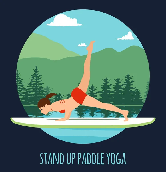 Femme faisant Stand Up Paddle Yoga sur Paddle Board sur l'eau au lac paysage de montagne Stand Up Paddle Yoga Workout — Image vectorielle