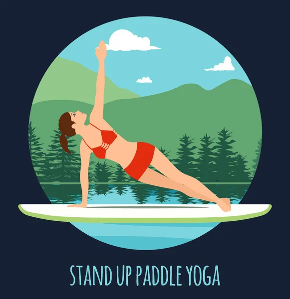 Femme faisant Stand Up Paddle Yoga sur Paddle Board sur l'eau au lac paysage de montagne Stand Up Paddle Yoga Workout — Image vectorielle