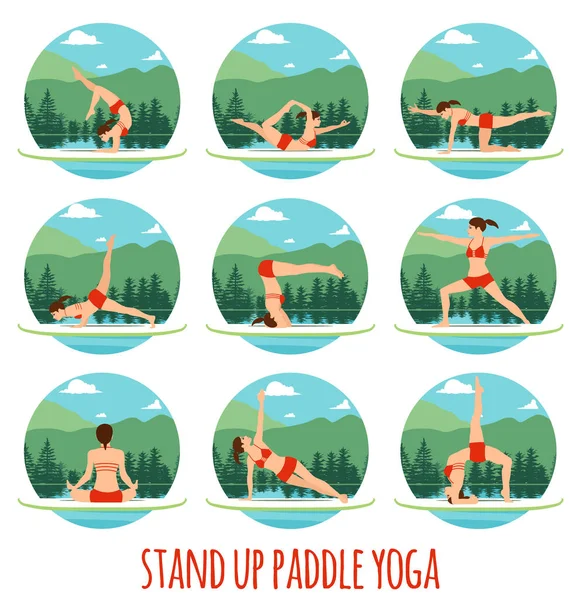 Nő jóga Állj fel evezni a lapát fórumon a víz a tó hegyi táj Stand Up Paddle jóga edzés — Stock Vector