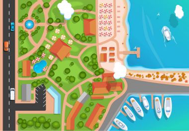 Top view of the resort town, park, road, cars, sea marina and moored yachts. Flat style Vector illustration. clipart