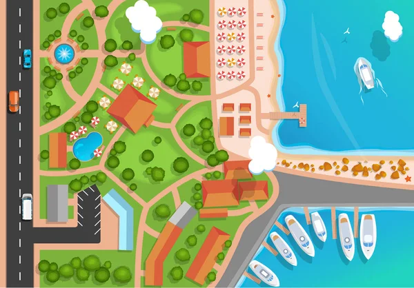 Bovenaanzicht van het vakantieoord, park, weg, occasions, zee jachthaven en afgemeerd jachten. Vlakke stijl vectorillustratie. — Stockvector