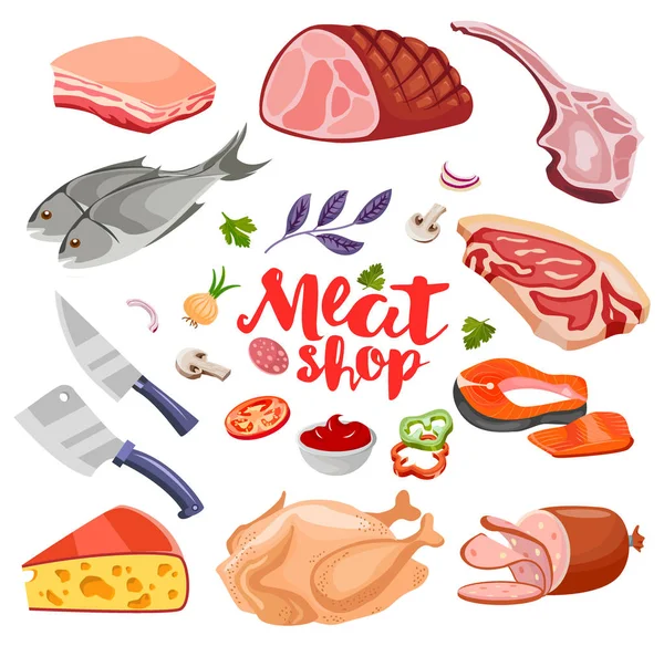 Aroma di carne e formaggio piatto icone alimentari set vettore. icona della carne fresca — Vettoriale Stock