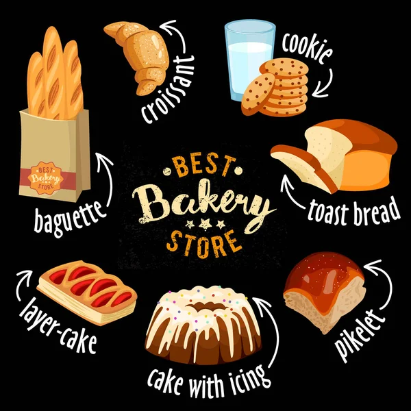 Pékség bolt vektoros ikonok. Sült kenyeret termékek ikonok — Stock Vector