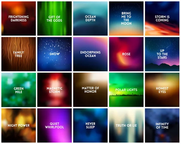 BIG set of 20 square blurred nature backgrounds. With various quotes — Stock Vector