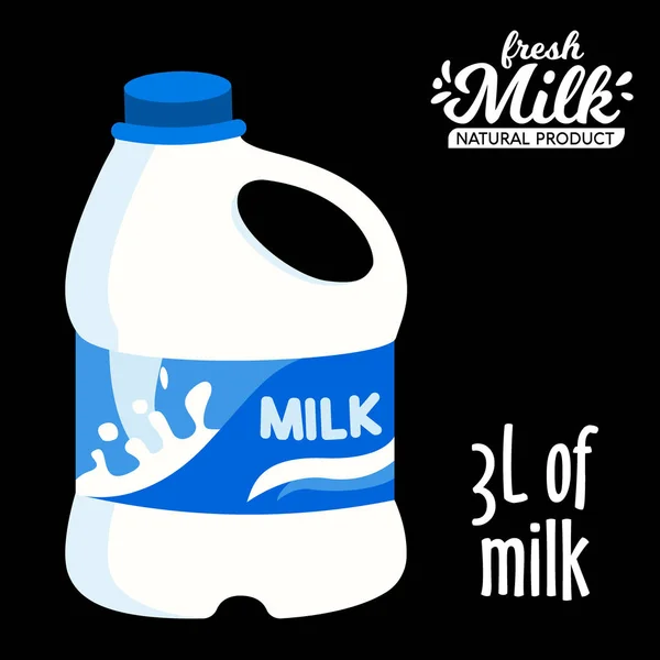Melk in een grote plastic fles pictogram vlakke stijl. Geïsoleerd op zwarte achtergrond. Vectorillustratie — Stockvector