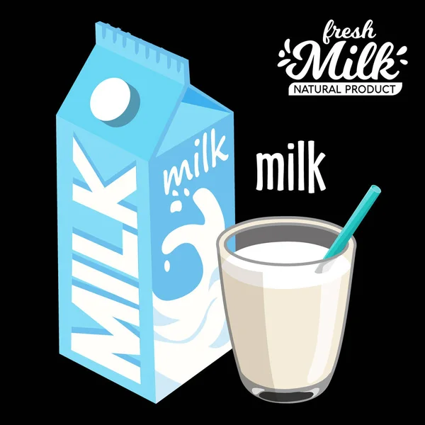 牛奶包和玻璃的 milkmilk 包装和玻璃的牛奶图标平坦的风格。在黑色背景上隔离。矢量插图 — 图库矢量图片