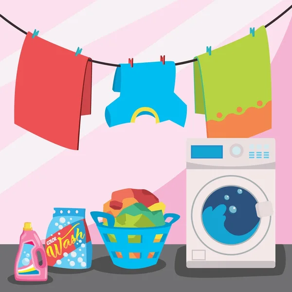 Ilustrasi vektor layanan kamar cuci, mesin cuci kartun datar dengan keranjang linen, tali jemuran dan detergen diisolasi dengan latar belakang warna . - Stok Vektor