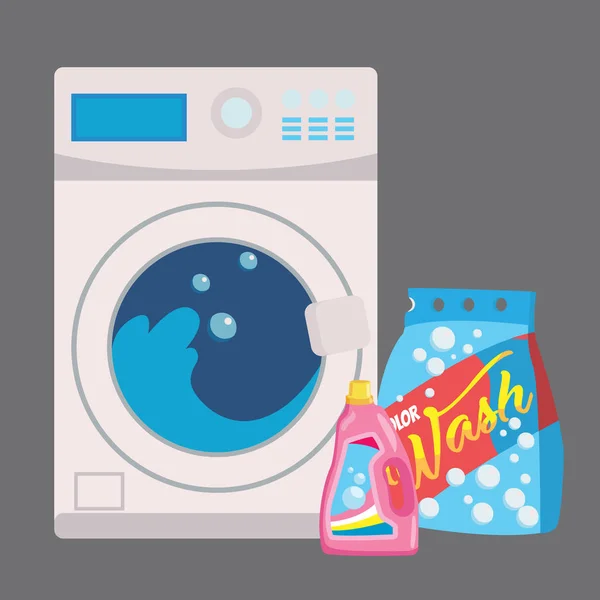 Mesin cuci dengan gaya datar. Terisolasi di latar belakang biru. Ilustrasi vektor modern - Stok Vektor
