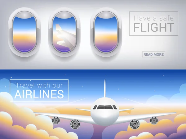飛行機の窓観光バナー旅客機空雲で空を横切って安全な飛行 — ストックベクタ