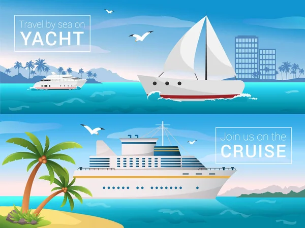 Banner da viaggio vettoriale impostato. Yacht nella baia dell'isola tropicale, transatlantico nelle isole . — Vettoriale Stock