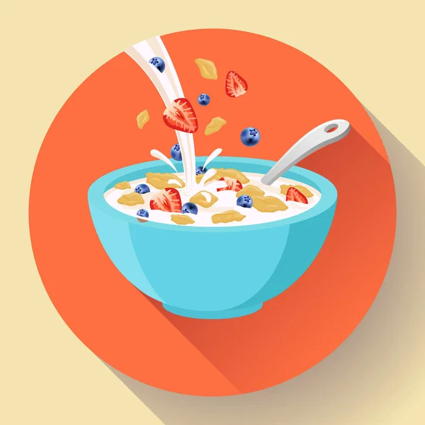 Vector breakfast cereal in bowl filled with milk and berries, flat