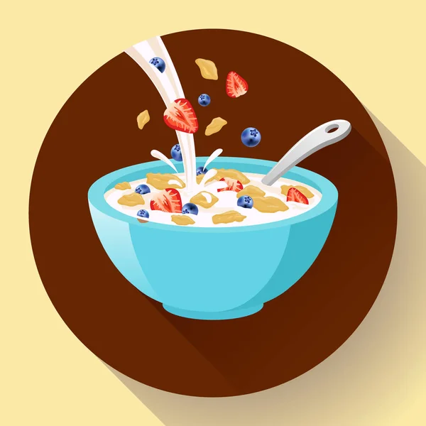 Vector cereal de desayuno en un tazón lleno de leche y bayas, icono plato de cereal plano. Icono del desayuno. cereal de desayuno en diferentes sabores . — Archivo Imágenes Vectoriales