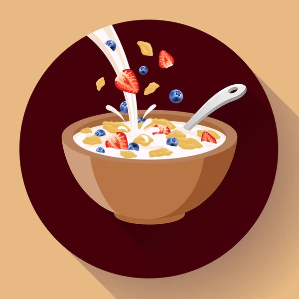 Vector cereal de desayuno en un tazón lleno de leche y bayas, icono plato de cereal plano. Icono del desayuno. cereal de desayuno en diferentes sabores . — Vector de stock