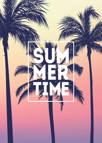 Fond tropical d'été avec paumes, ciel et coucher de soleil. Plaque d'été affiche flyer carte d'invitation. L'été . — Image vectorielle