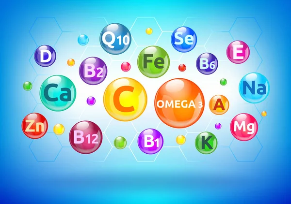 Complexo vitamínico e mineral, bolhas coloridas, bolas com letras —  Vetores de Stock