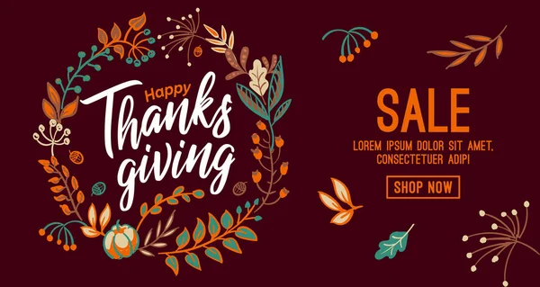 Hand drawn Happy Thanksgiving typography in autumn wreath banner. Celebration text with berries and leaves for postcard, icon or badge. Vector calligraphy lettering holiday quote — Stock Vector