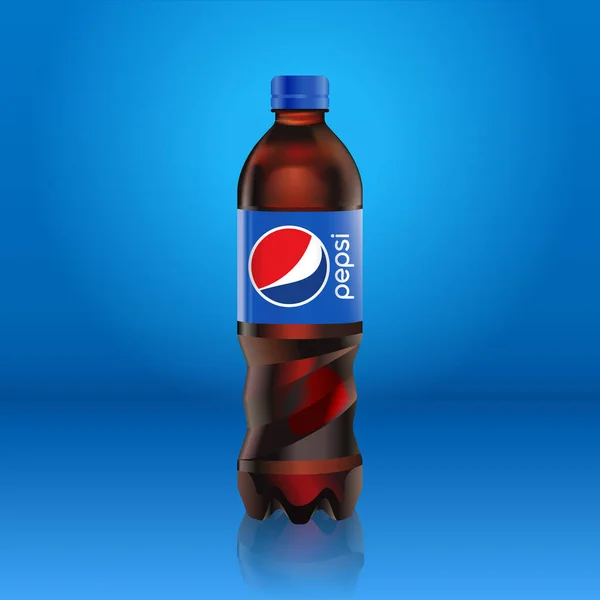 Realistické pepsi cola láhev modelovat s modrým štítkem s logem izolované na modrém pozadí odráží od podlahy, vektorové ilustrace. Vhodné pro vaše velkoformátové reklamy, billboardy a plakáty — Stockový vektor