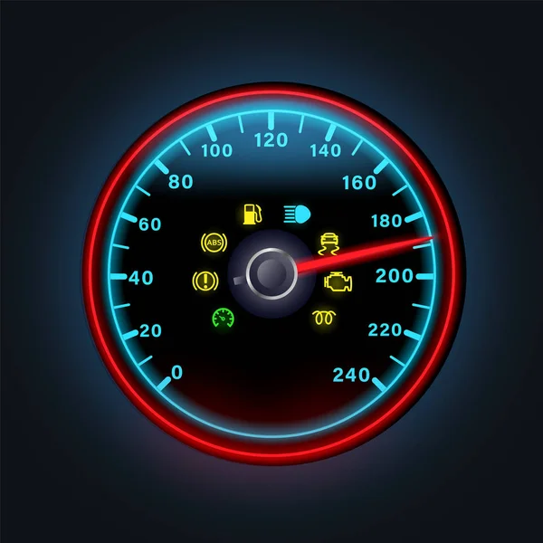 Ljus neon digital hastighetsmätare med ljus instrumentpanel indikatorer, gula varnings ikoner för motor, bensin, utropspunkt, abs, vektor illustration. — Stock vektor