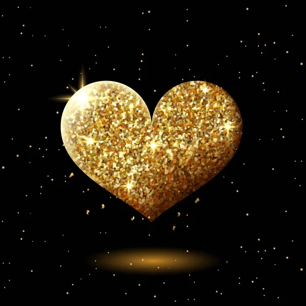 Coeur brillant de paillettes dorées sur noir, forme abstraite de coeur brillant, décor de valentines festives avec des lumières dorées, illustration vectorielle . — Image vectorielle