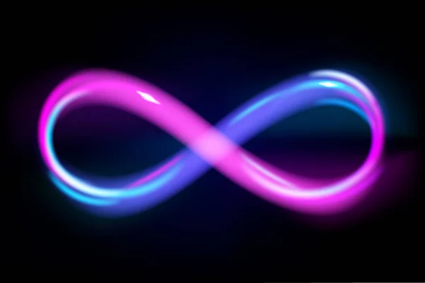 Neón azul claro y violeta símbolo infinito sobre fondo negro, brillante línea de signo eterno, energía, ilustración vectorial . — Vector de stock