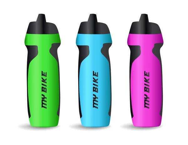 Set aus bunten Plastikfahrrad-Wasserflaschen, Sportgeräte-Ikone isoliert auf weißem Hintergrund, Vektor-Illustration. — Stockvektor