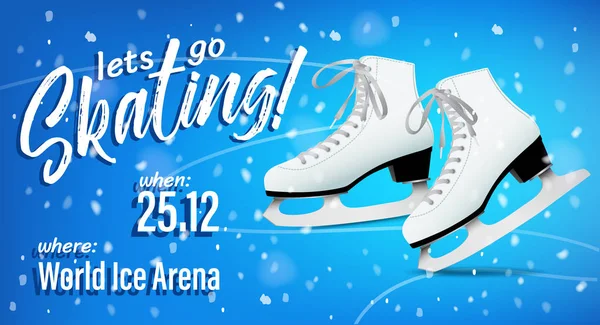 Vamos a patinar cartel con un par de patines de hielo clásicos blancos sobre fondo de hielo azul, plantilla de vector . — Archivo Imágenes Vectoriales