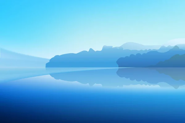 겨울 새벽의 파노라마는 눈덮인 숲 이 있는 산의 호수에 있고, 물 속에 거울 이 반사되어 있다. 벡터 리얼리티 일러스트. — 스톡 벡터