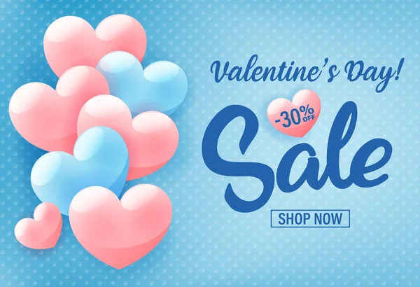 Valentinstag Shopping Verkauf Einladungsplakat, Werbebanner mit rosa Herzen auf blauem Hintergrund, Vektorillustration. — Stockvektor