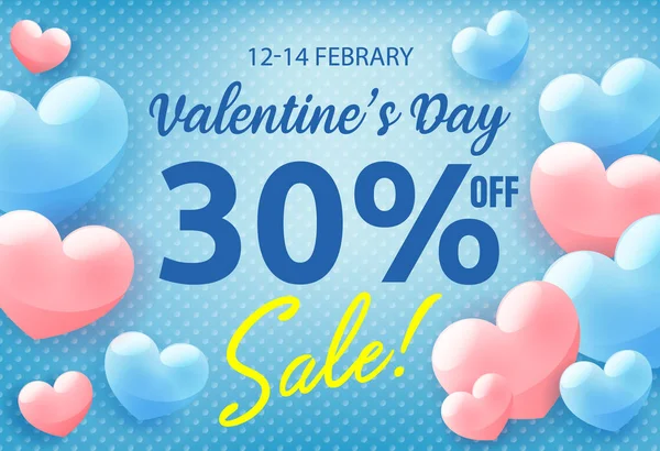 Valentinstag Shopping Verkauf Einladungsplakat, Werbebanner mit rosa Herzen auf blauem Hintergrund, Vektorillustration. — Stockvektor