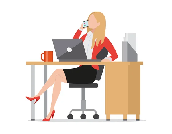 Ocupada mujer de negocios hablando en el icono de estilo plano del teléfono, sentado en el lugar de trabajo, escritorio con el ordenador portátil, gerente empresario cliente de consultoría, ilustración de vectores . — Vector de stock